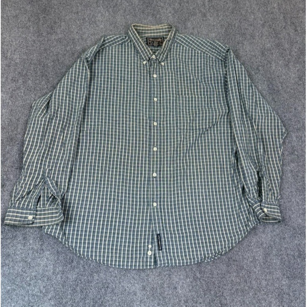 VTG Abercrombie Fitch Mens Button Down Shirt Blue Check Long Sleeve Cotton XXL